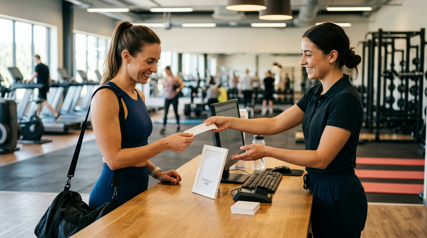 A receptionist at a gym front desk handing a member their receipt and pointing to a small printed code on the desk, the ordinary one-sentence ask for feedback