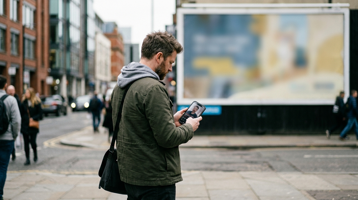 Shopper ignoring a billboard while watching another customer's video on her phone, customer trust flowing to people instead of brand marketing