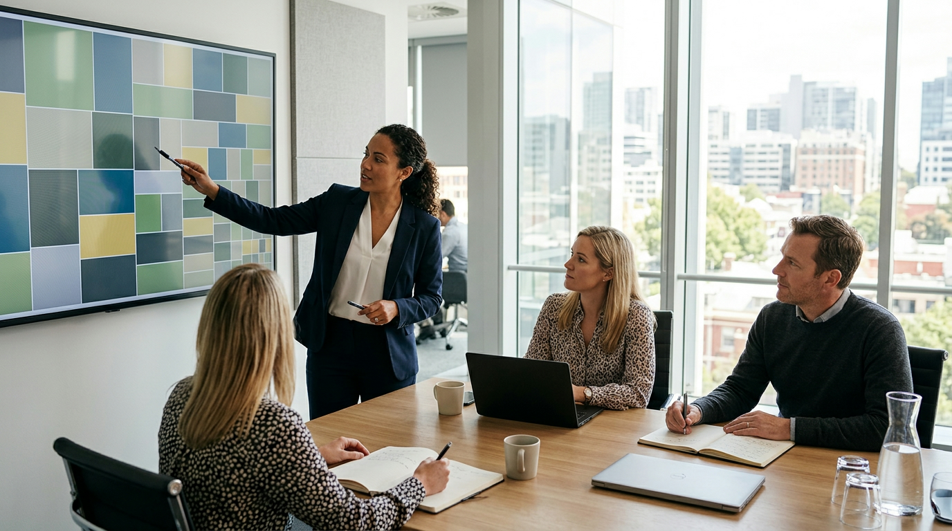Head office operations team around a table reviewing a branch comparison on a wall screen while choosing customer feedback software for multi-location businesses