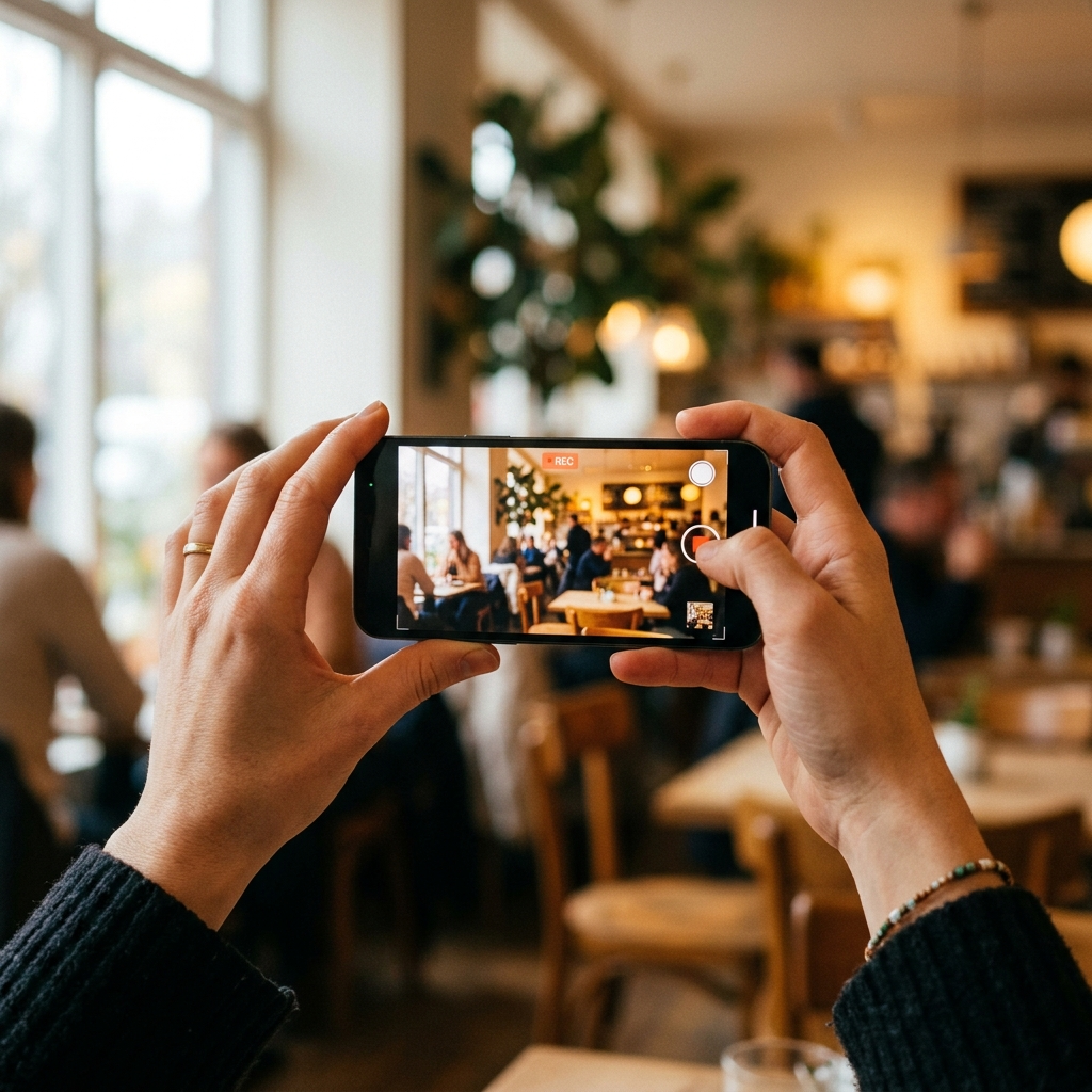 A smartphone displaying a video recording interface for collecting customer testimonials, illustrating modern video testimonial software for small business in 2026.