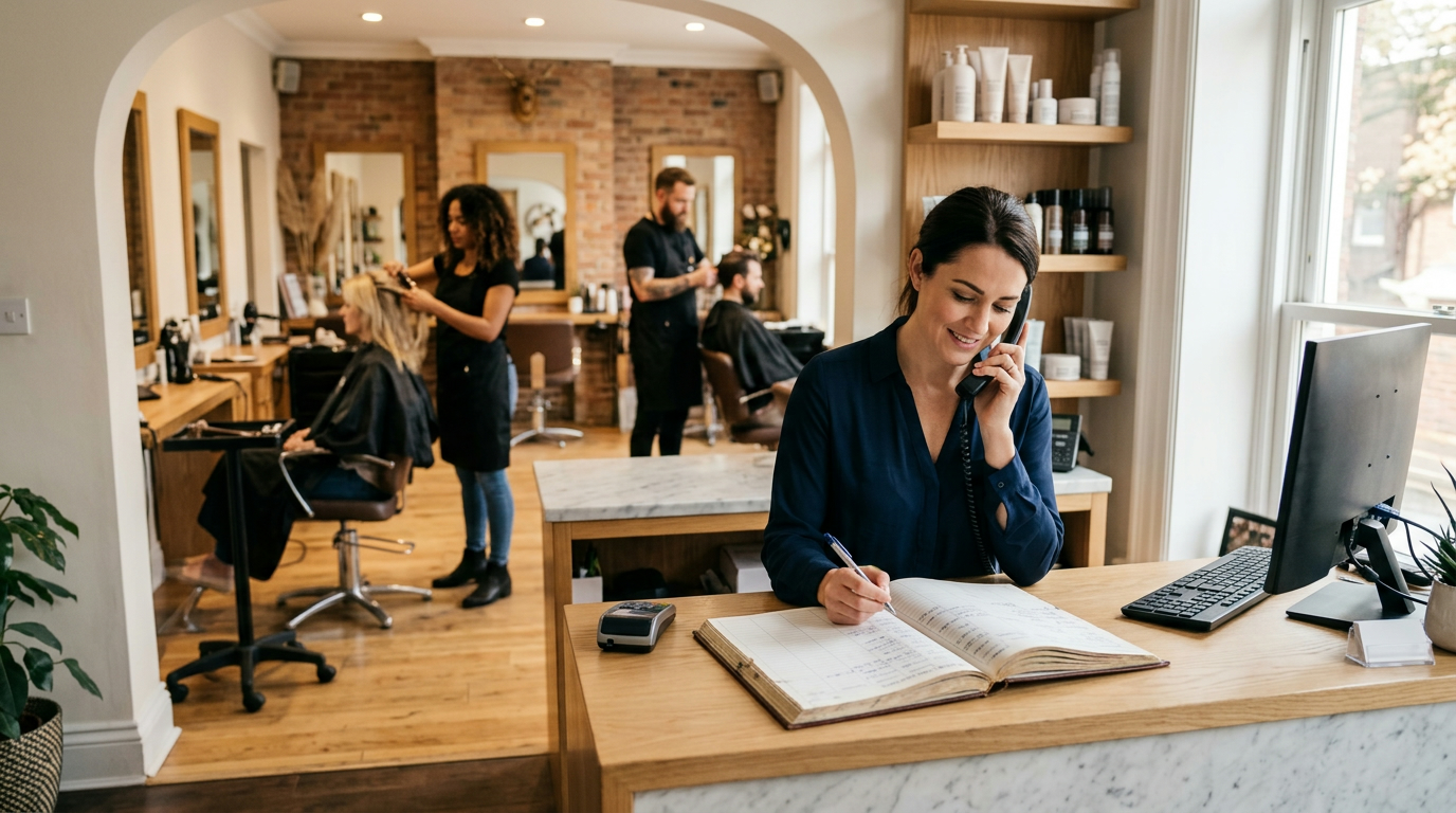 A salon manager at the reception desk making a short follow-up call to a customer, appointment book open, stylists working in the background, the second contact that closes the loop