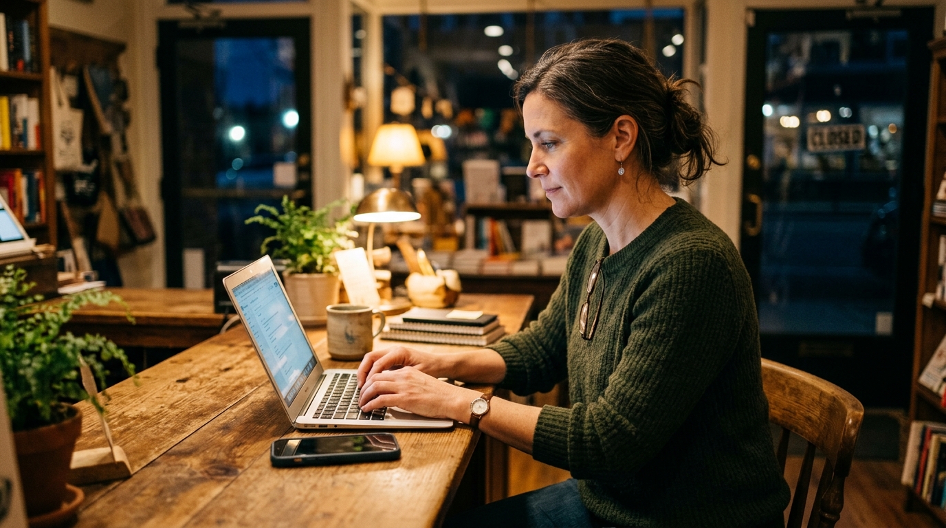 Business owner replying personally to a customer complaint at closing time, closing the loop on customer feedback within 48 hours