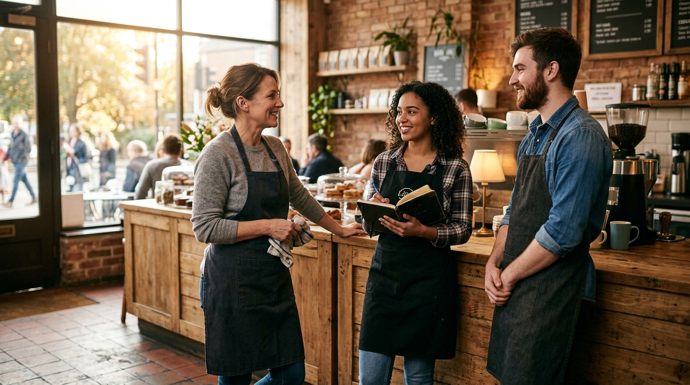 A branch manager and two front-line team members talking at the end of a shift beside the counter, the kind of short conversation that turns customer feedback into coaching