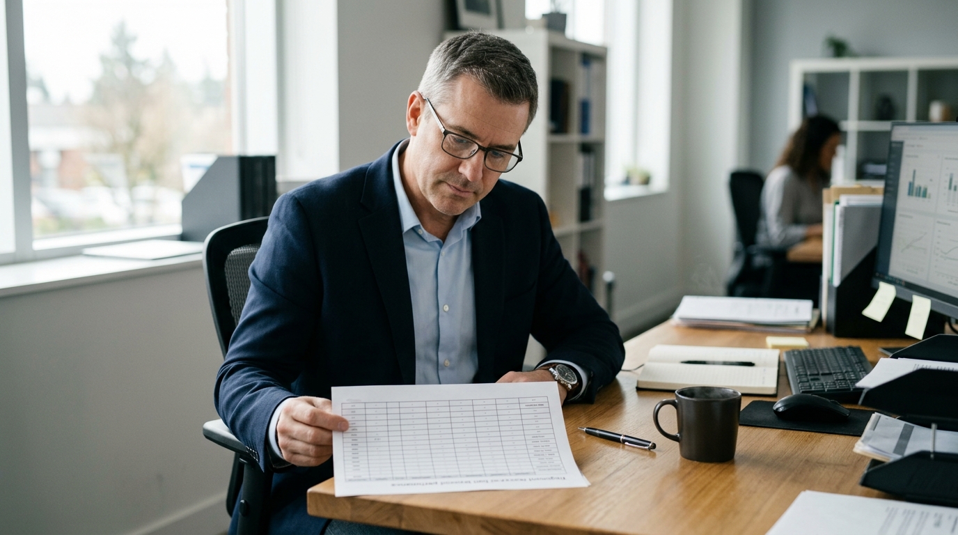 Regional manager looking at a printed list of branches with only a few review entries each, trying to compare branches with too few reviews