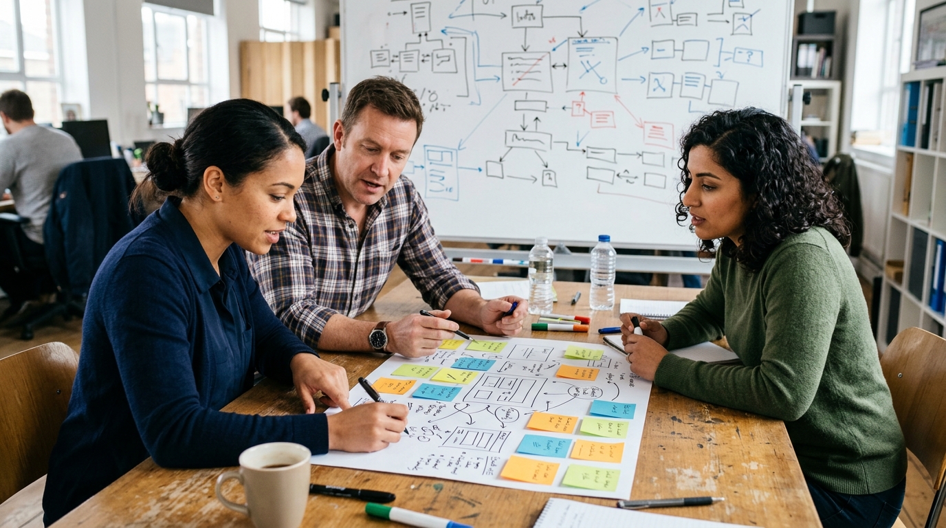 Operations team around a table drafting a one-page complaint-handling standard for branches, with a printed outline and sticky notes