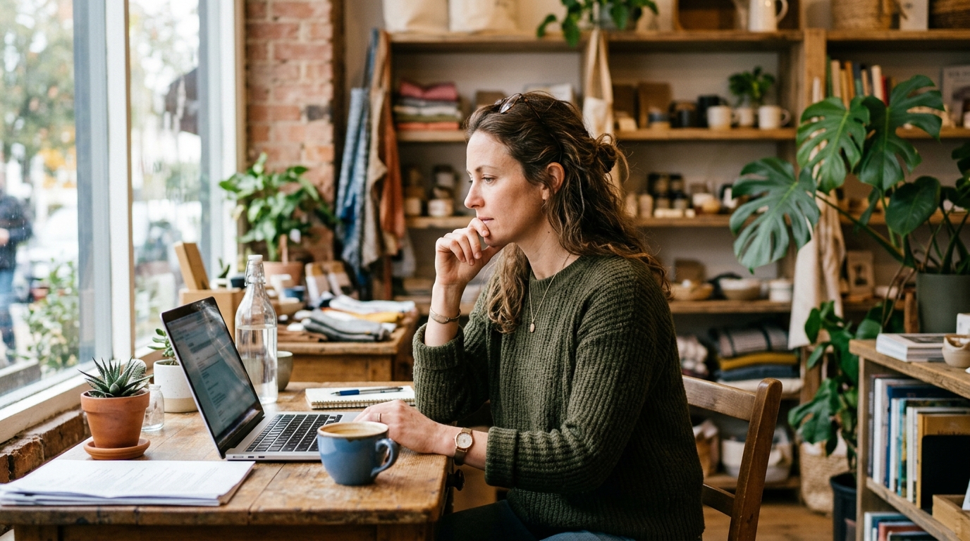 A local business owner reviewing their Google Business Profile on a laptop, considering how Google's review removal policy applies to a negative review.