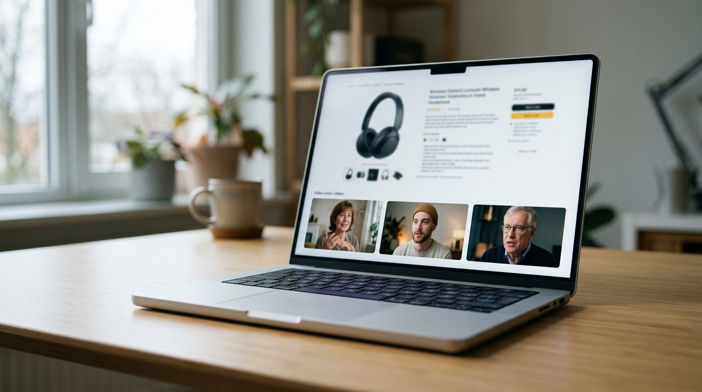 A laptop showing an ecommerce product page with a section of customer video testimonials, illustrating how video social proof improves conversion rates for online businesses.