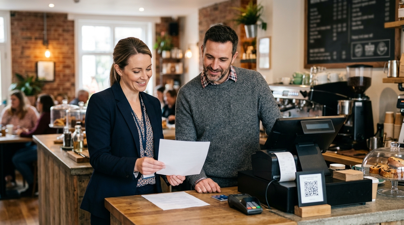 Franchise operations manager and a franchisee reviewing a customer complaint process together at a store counter