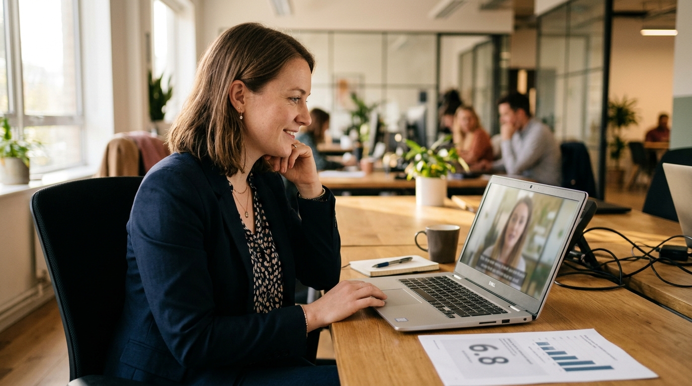 CX manager watching a recorded customer video on a laptop next to a printed score chart, customer feedback beyond NPS in practice