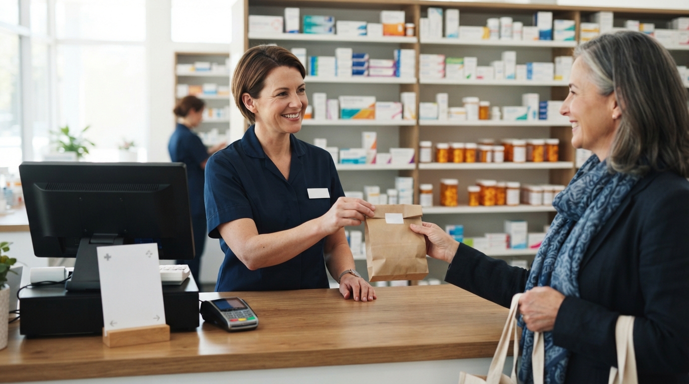 A pharmacy counter with a customer collecting a prescription from a pharmacist, a small printed card standing beside the till, where feedback in words or a score begins