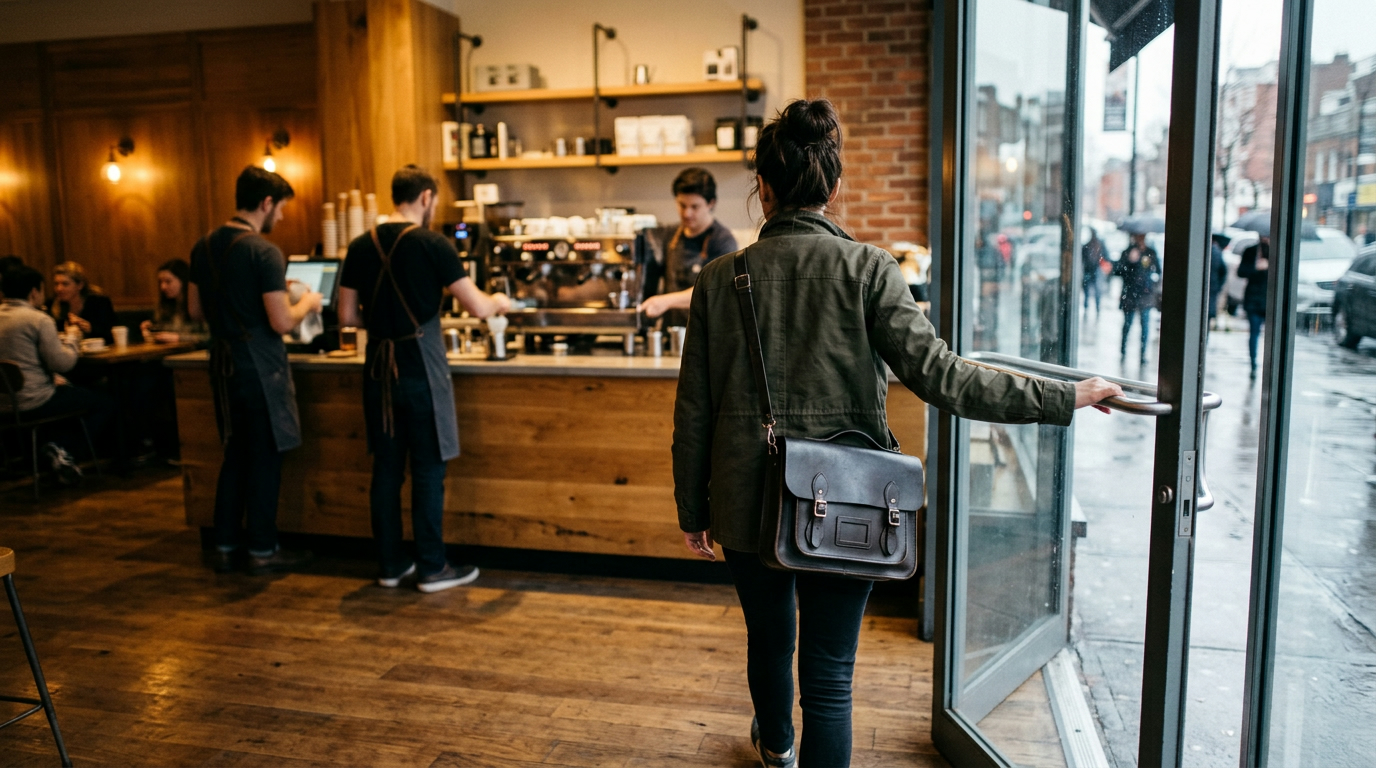 A customer leaving a cafe through the front door without looking back, staff busy behind the counter, the customer who never complains and does not return