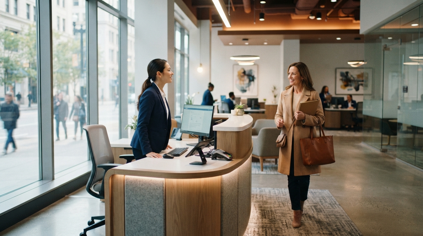 A customer walking up to a bank branch reception desk while the receptionist looks up from her screen to greet him, the first seconds of a visit that customers remember and report