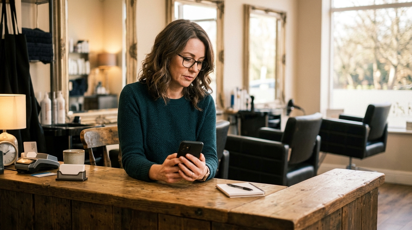 A frustrated salon owner looking at a smartphone showing a Google reviews dashboard, illustrating the hidden cost of asking customers for Google reviews the wrong way.