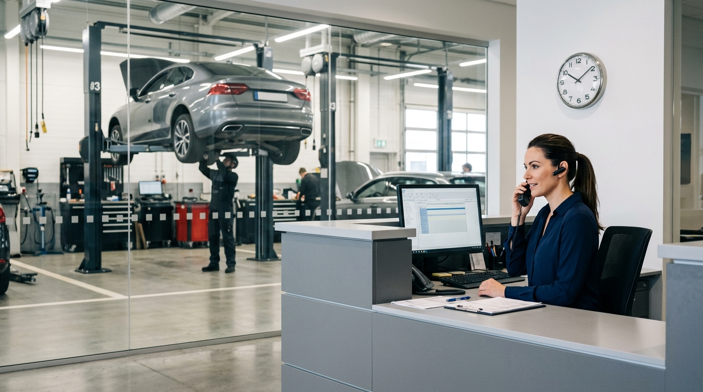 A service advisor at the reception desk of a car service centre on the phone to a customer, a wall clock behind her, the workshop visible through the glass