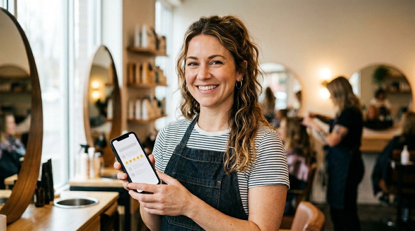 Stylist holding a smartphone showing a 5-star Google review while a client smiles in a salon chair, representing how salons can collect more reviews from happy clients.
