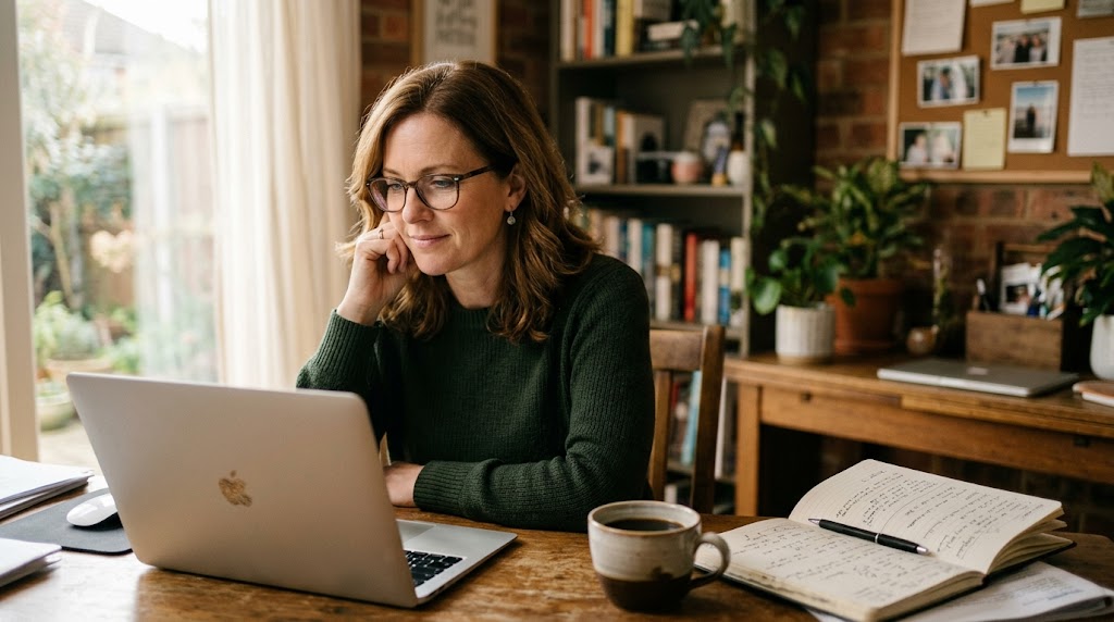 A small business owner sitting at a desk with a laptop, calmly reading a Google review on screen, soft natural light through a window, thoughtful and composed expression.