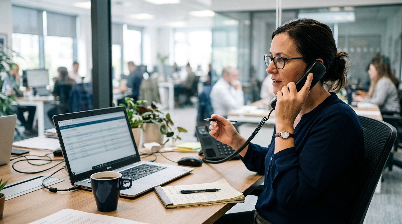 A head office operations lead on a phone call at a desk, a list of open customer callbacks on the screen beside them, the kind of customer callback tracking a multi-location group needs.