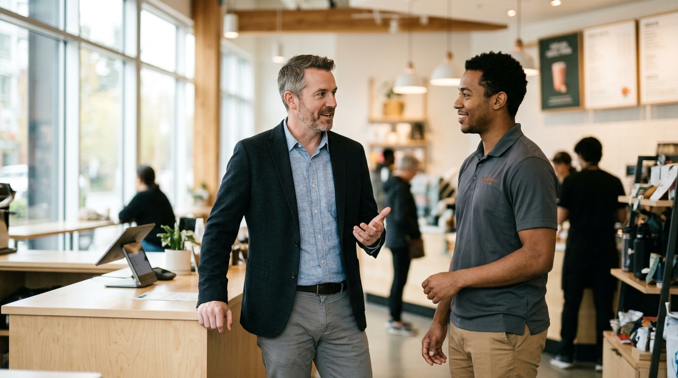 Operations director talking with a branch manager inside a franchise location, managing multi-location customer experience consistency