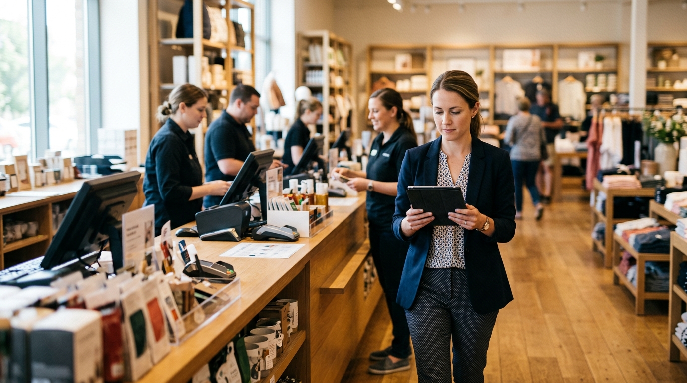 An area manager with a tablet walking past a retail counter during opening hours, one of the mystery shopping alternatives multi-location operators use to see their branches.