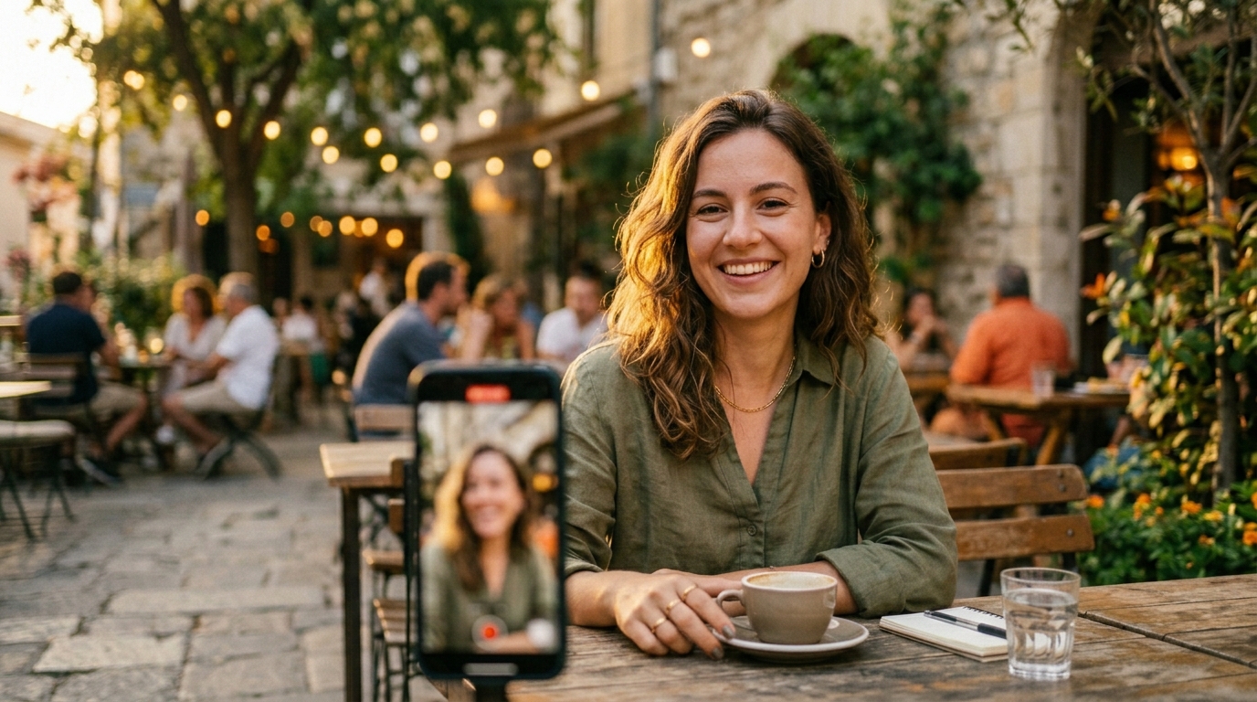 Customer recording a video of herself on a smartphone at a cafe, the start of organic social proof shared to her own network