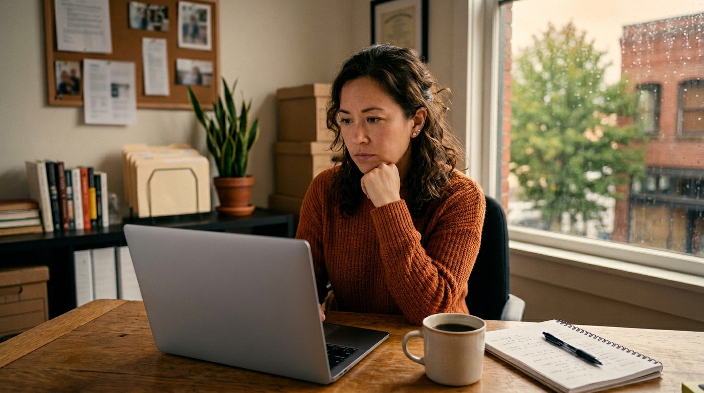 A small business owner sitting at a desk comparing options on a laptop, soft natural light, calm thoughtful expression, notebook and coffee cup beside the laptop.
