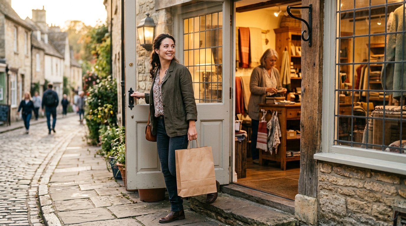 Customer stepping out of a small shop after paying, the moment when the post-purchase customer experience usually goes silent