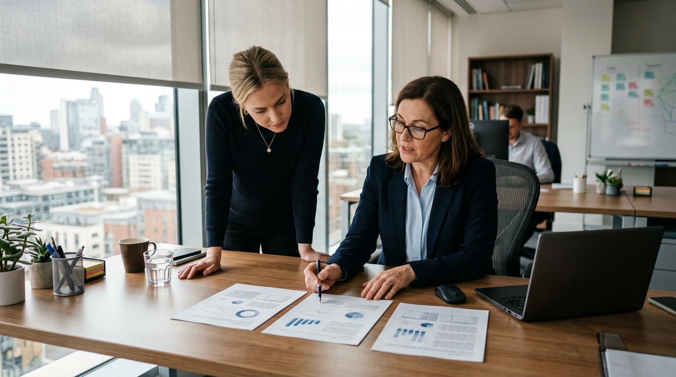 Operations director at a head office desk comparing complaint notes from several branches to tell a recurring problem from a one-off bad day at one branch