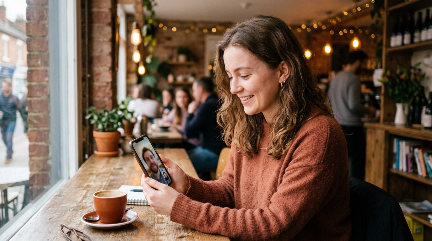 Woman watching a customer video testimonial on her phone in a cafe, video social proof building trust through a real face and voice