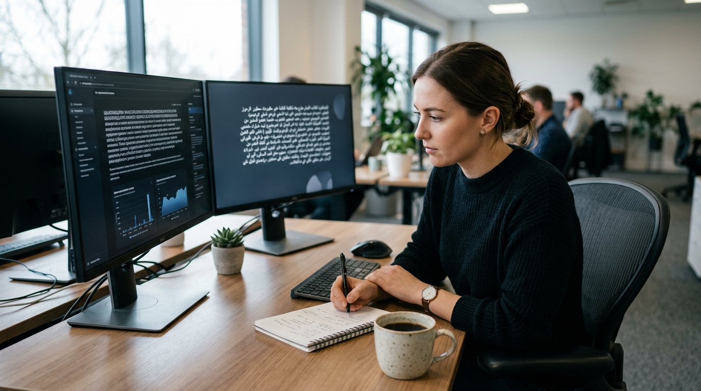 Analyst reading customer complaints written in Arabic and English side by side on a monitor, using one scheme to sort bilingual customer feedback