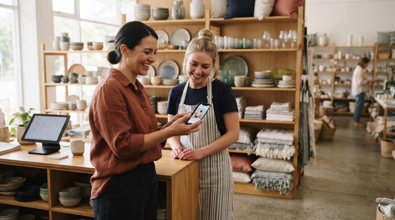 A shop floor manager in a homeware store reading a customer's message to a smiling sales assistant beside the till, recognition from customer feedback passed down in person