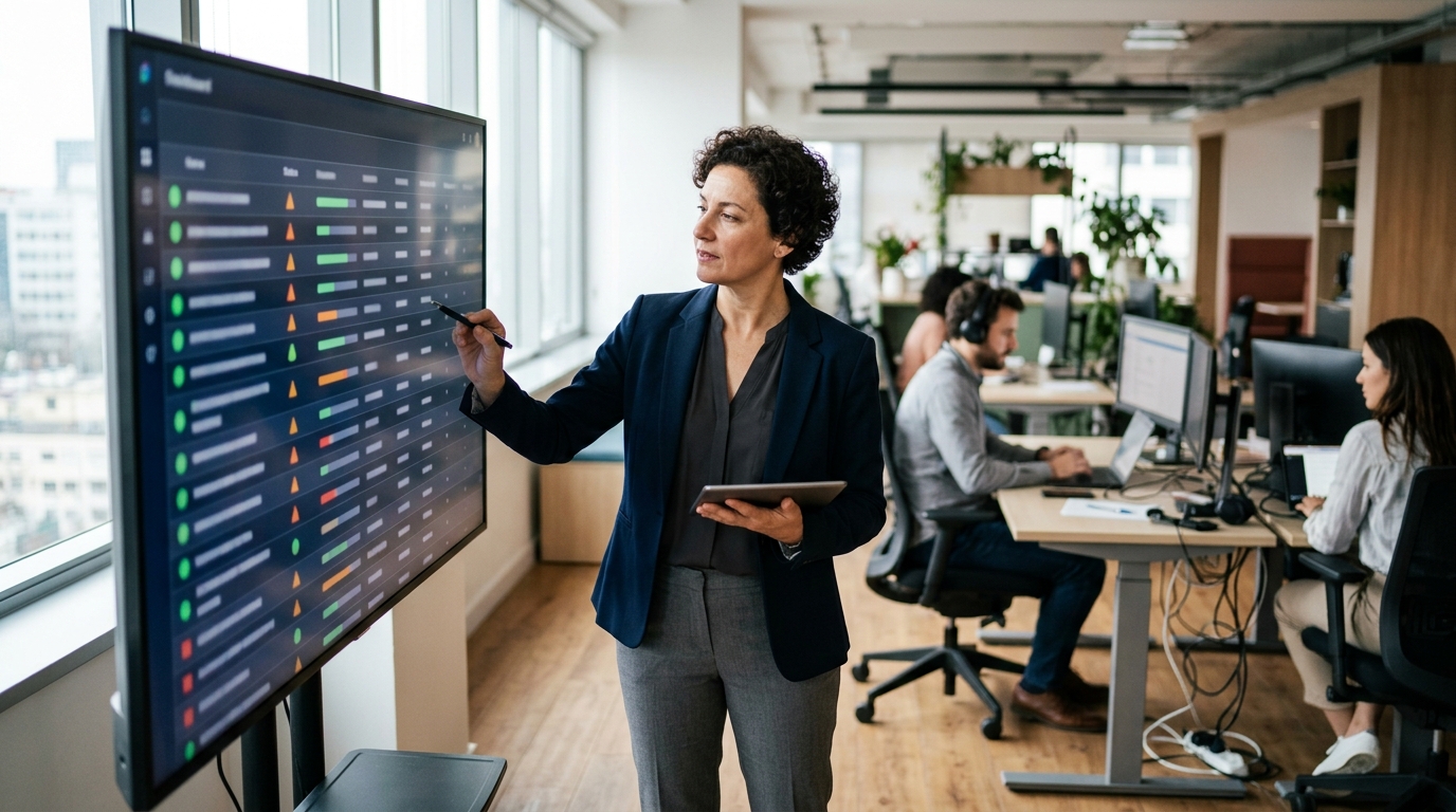 An operations director at head office reviewing open customer cases from several branches on a wall display, the group-level view where service recovery mistakes become visible