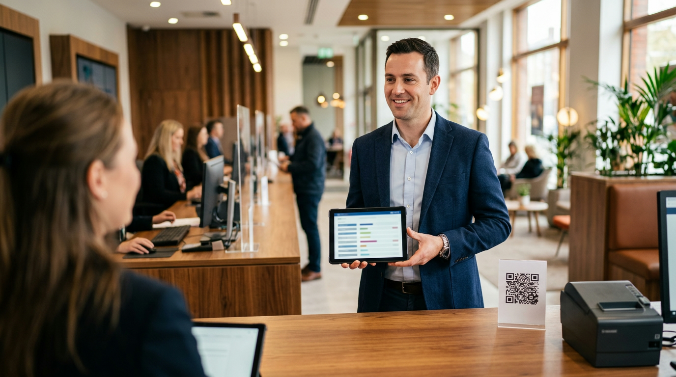 Operations manager at a branch counter reviewing a list of open customer cases on a tablet, illustrating service recovery software for businesses with multiple branches