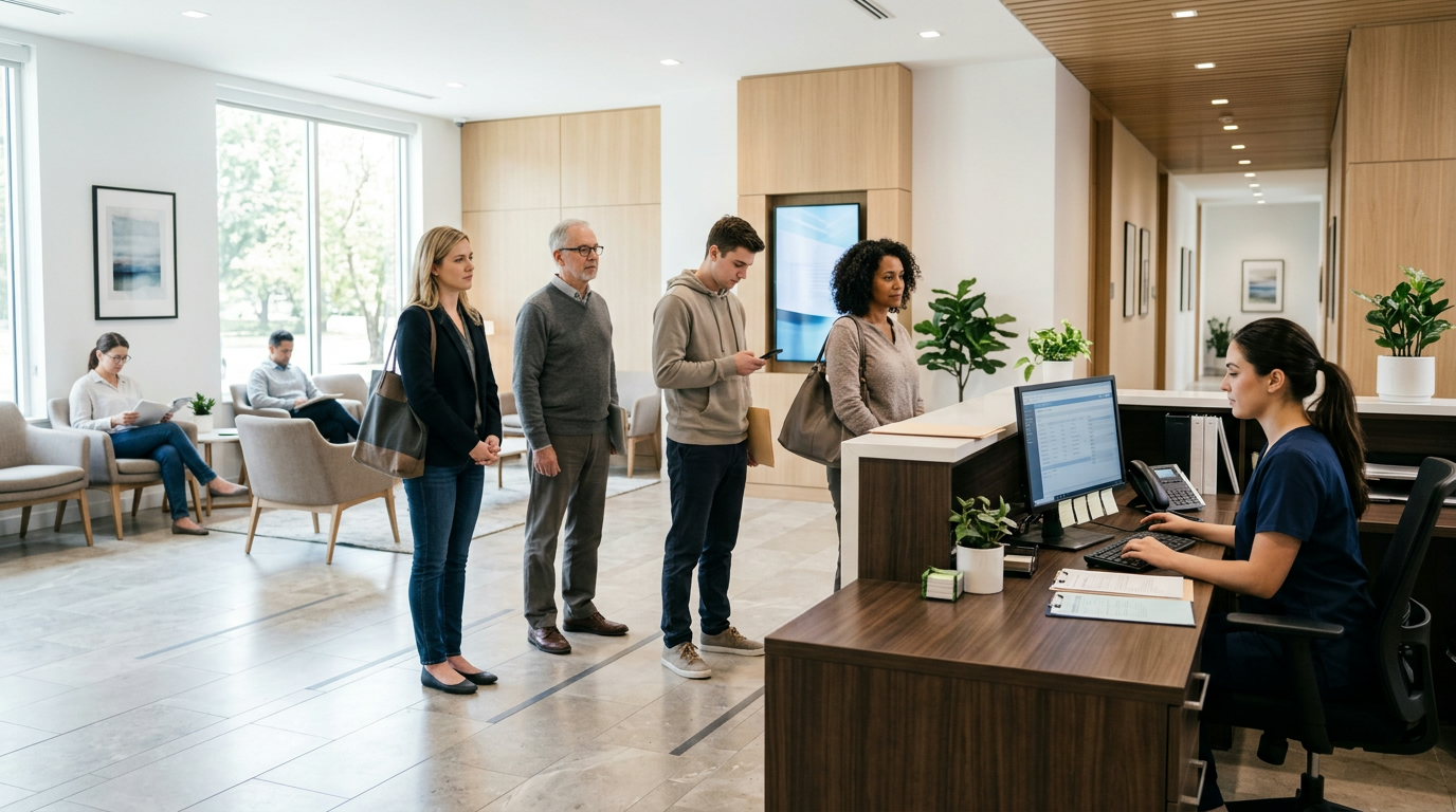 A clinic front desk with a queue of patients waiting while one receptionist works alone, the scene behind a complaint that could be short staffing or poor training