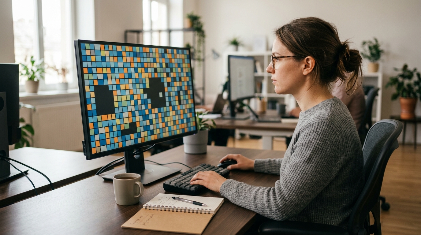 Head office analyst looking at a grid of branch tiles where several tiles are empty, illustrating how to read silent branches with no complaints