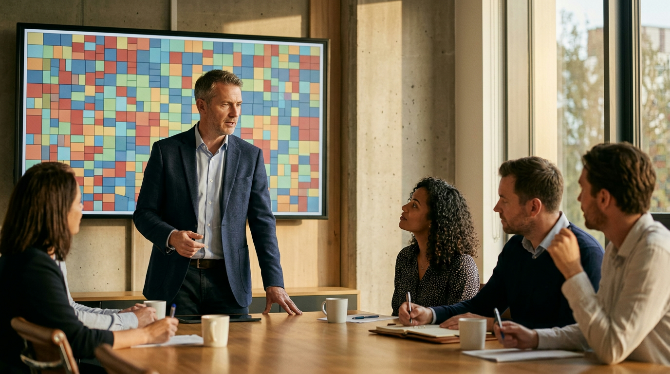 Regional manager comparing customer complaint patterns across several branch locations on a large wall screen in a head office meeting room