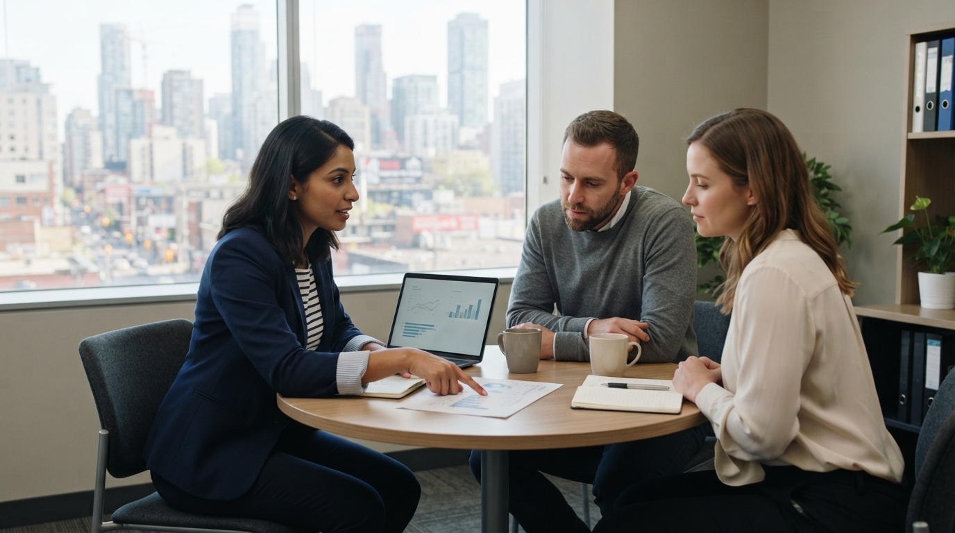 An operations team of three around a meeting table at head office, one pointing at a printed list of branch issues, the weekly review that turns complaints into assigned fixes