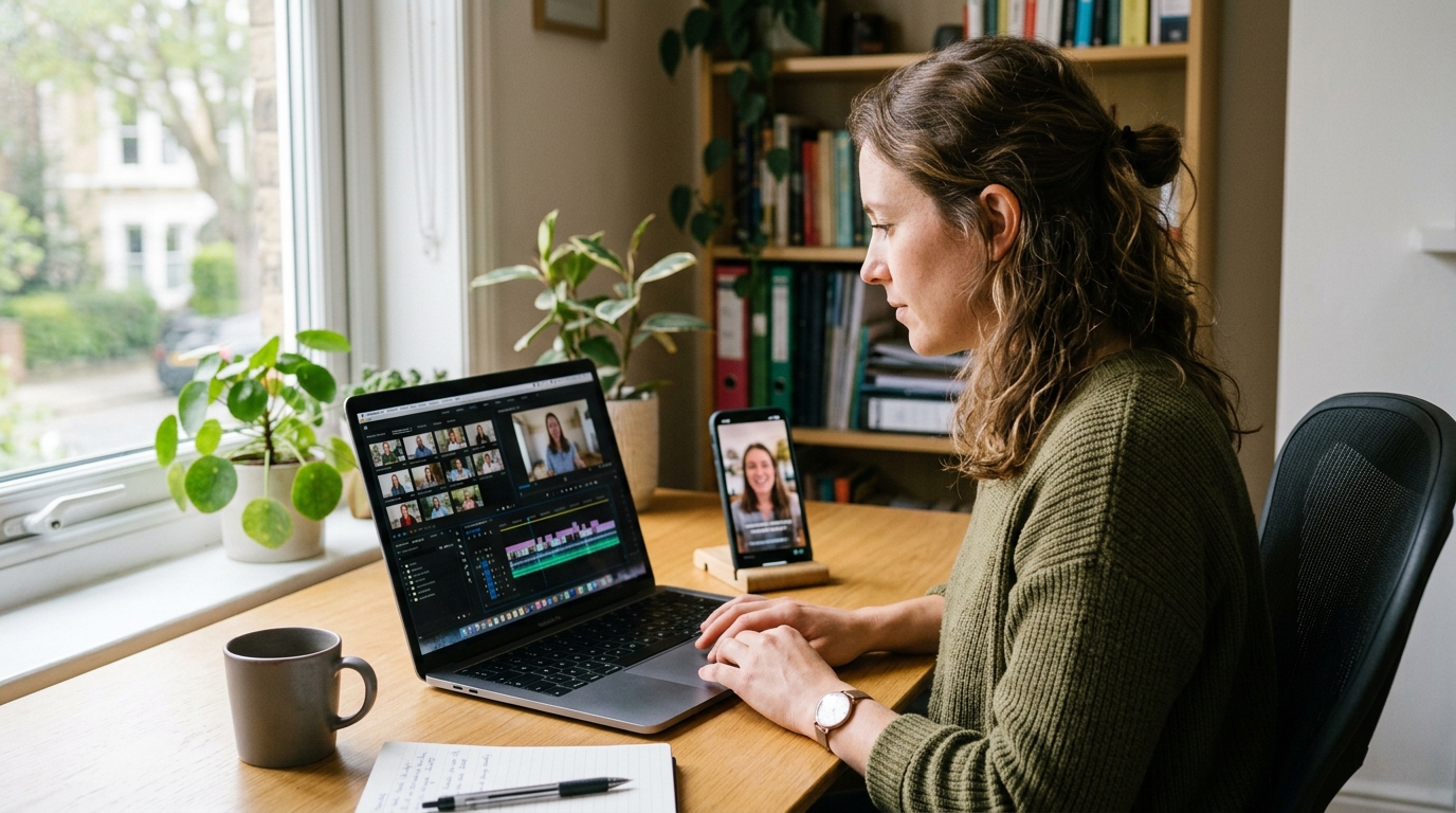 Marketer turning customer testimonial videos into UGC video ads, editing clips of real customers on a laptop