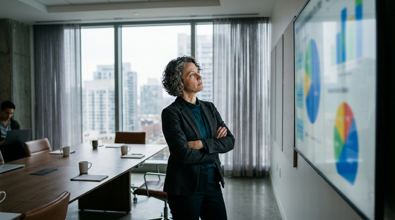 Operations director reviewing per-branch customer feedback charts on a screen, running a voice of customer program for a multi-location brand