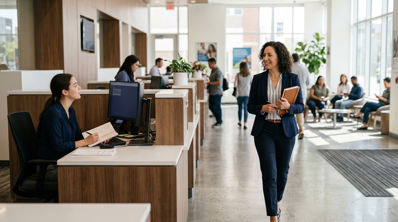 Area manager walking through a branch floor with a notebook during a site visit, illustrating what an area manager cannot see on a visit