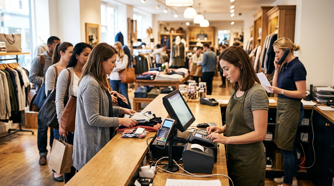 A busy retail counter from the customer's side, a staff member looking down at the till while a customer waits, the moment a customer later describes as rude