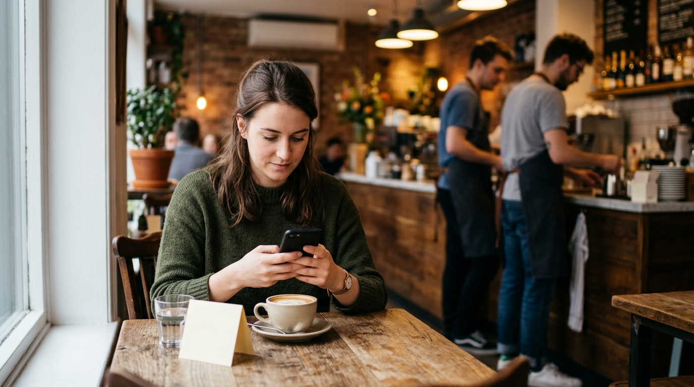 A customer at a cafe table typing a short message on their phone after paying, with the counter and staff in the background, the kind of customer feedback the branch never hears