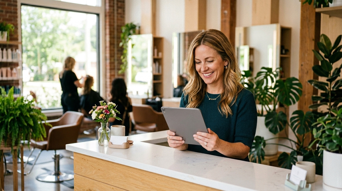 A local salon owner checking customer reviews on a tablet at the front desk of a bright modern salon, showing how high-rated local businesses manage their Google reviews.