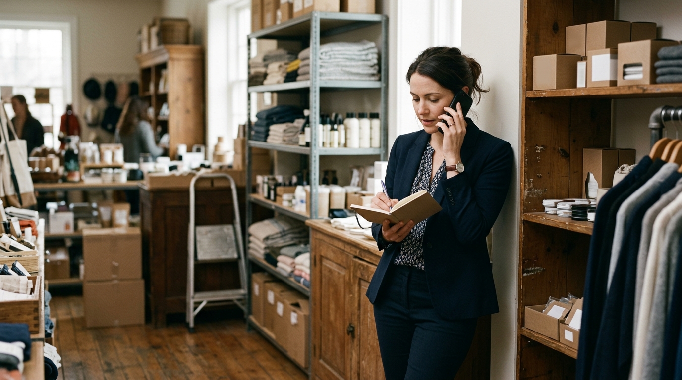 Branch manager on a phone call at a quiet corner of the shop, taking notes while calling a customer back about a complaint