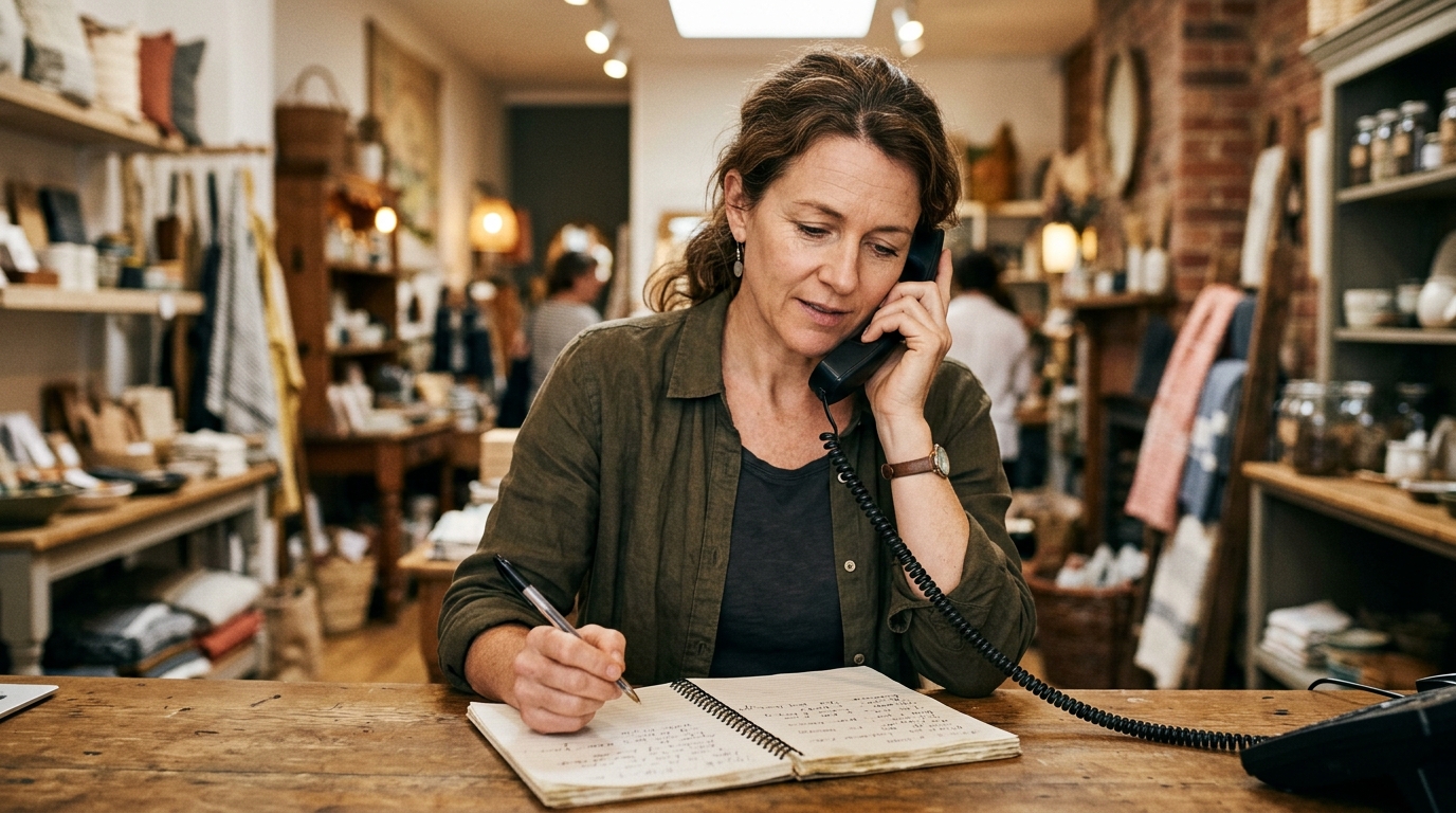 A small business owner listening on the phone to an unhappy customer, taking notes, calm and attentive, showing what unhappy customers actually want.