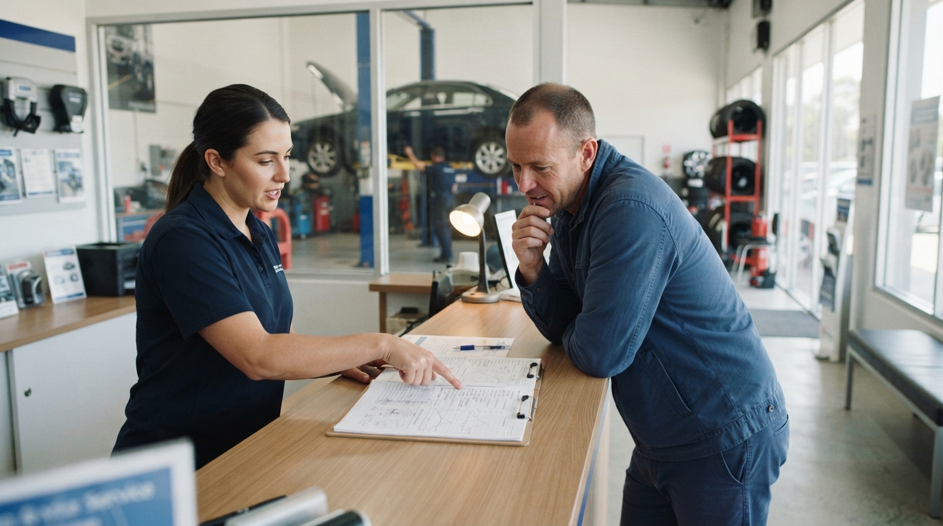 A service advisor at a tyre and auto service centre explaining a worksheet to a customer across the counter instead of reaching for the till, the conversation that replaces a reflex refund