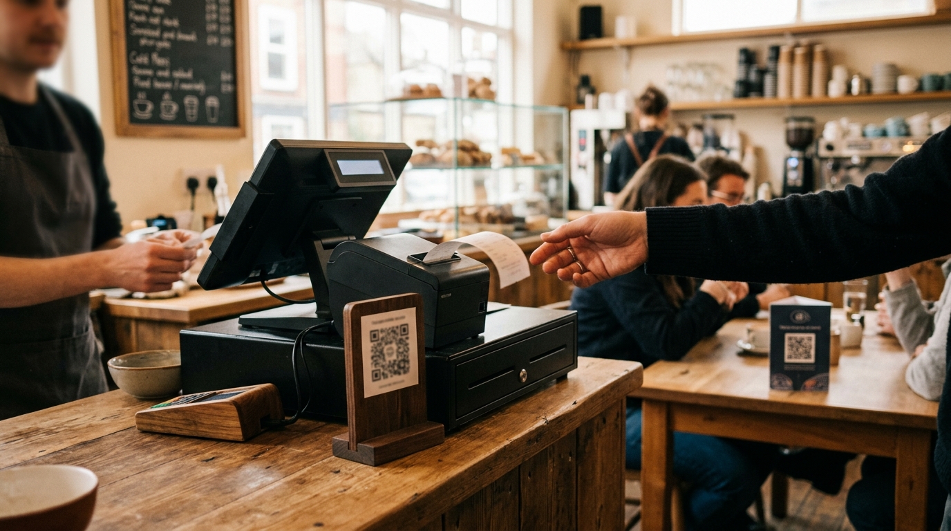 Small printed square code standing beside the till at a service counter where customers pay, showing one option for where to put a customer feedback code