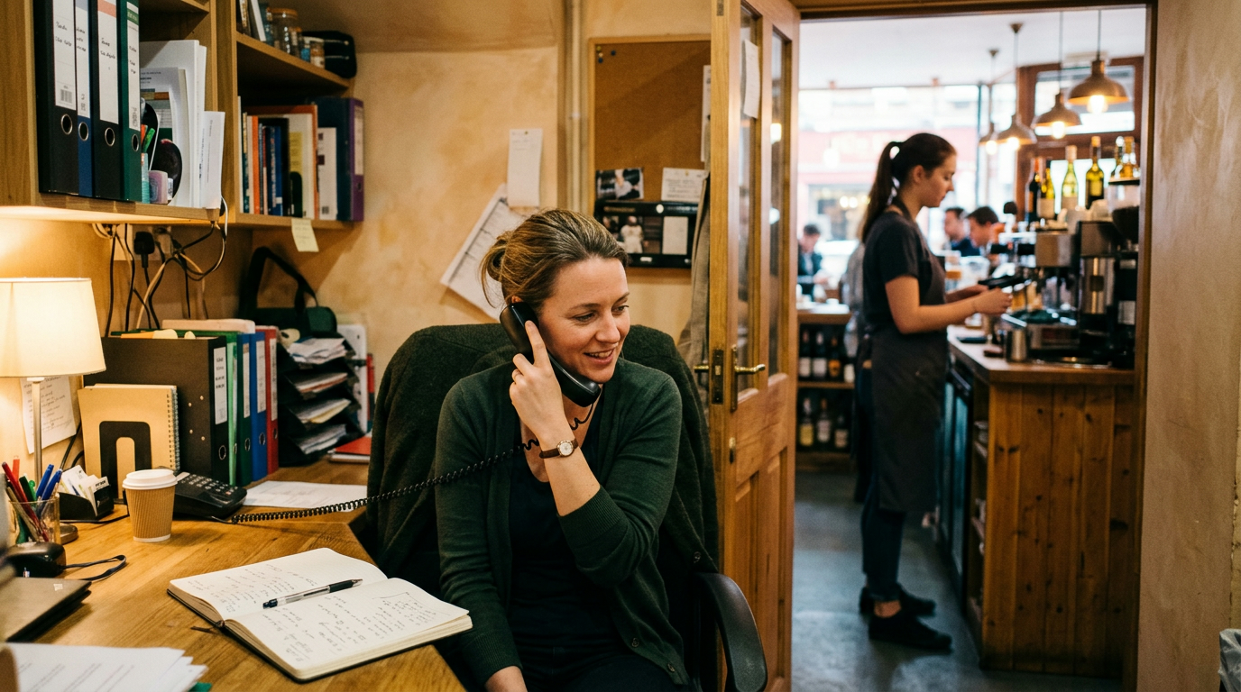A branch manager on the phone in a quiet back office of a cafe, notes in front of her, making a customer callback while the counter runs in the background