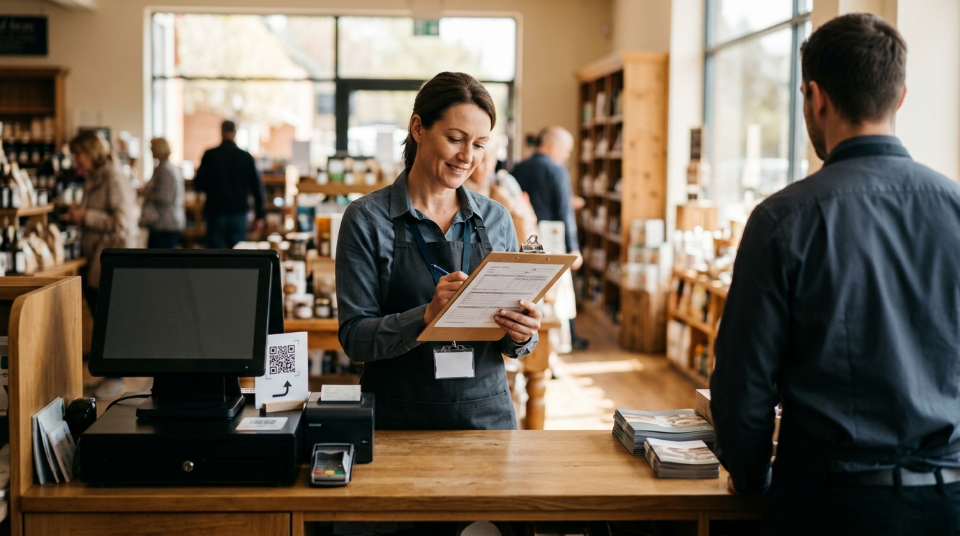 Branch manager ticking a printed daily checklist at a counter while an area manager looks on, illustrating how branch checklists and self-audits drift