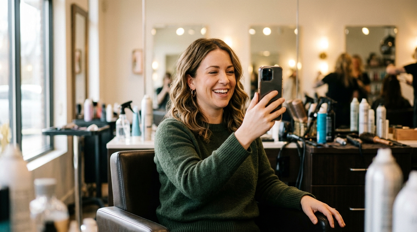 A salon customer recording a quick video testimonial on her phone right after her appointment, showing how to capture customer reviews at the moment of happiness.