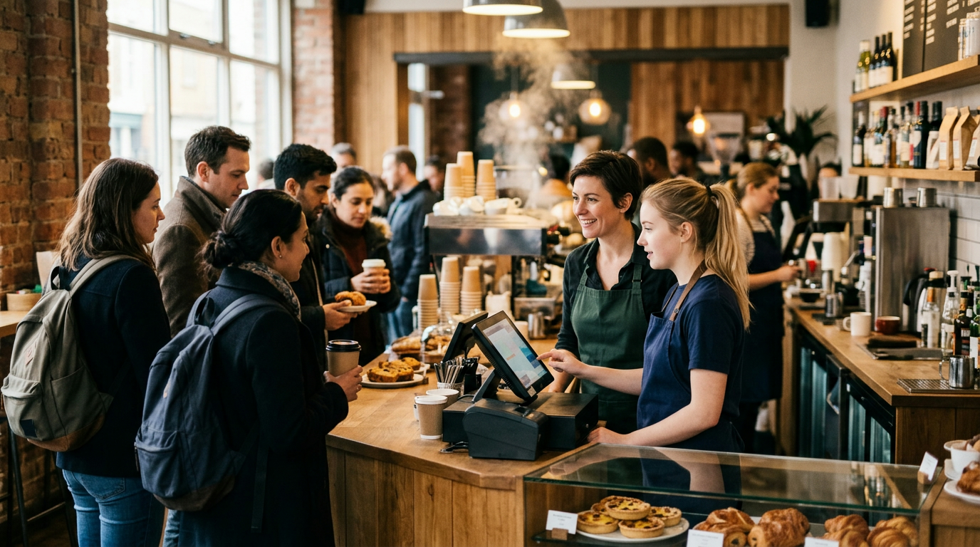 A branch manager standing beside a new team member at a cafe counter during a busy morning, showing how staff friendliness is shaped on the floor